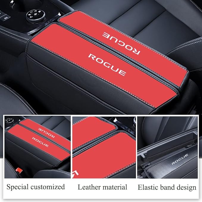 XITER 1PC Leather Center Console Armrest Cover with Side Pockets for Nissan Rogue 2021 2022 2023 2024 2025 2026 Accessories(Black+Red)