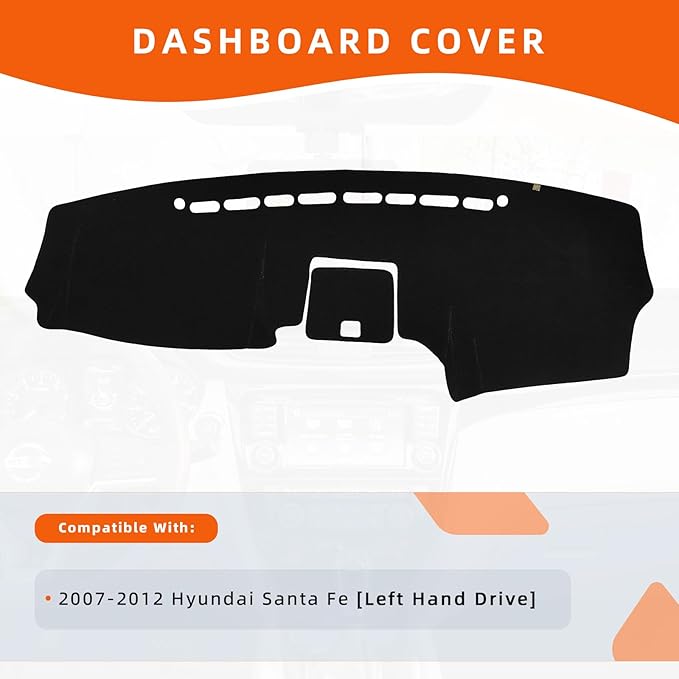 KEYOOG Dashboard Cover Dash Mat Fit for Hy-undai Santa Fe 2012-2007 (for Left Hand Drive),Car Dash Board Mat Anti-Glare Carpet,Non-Slip Pad Sunshield Protector (Black)