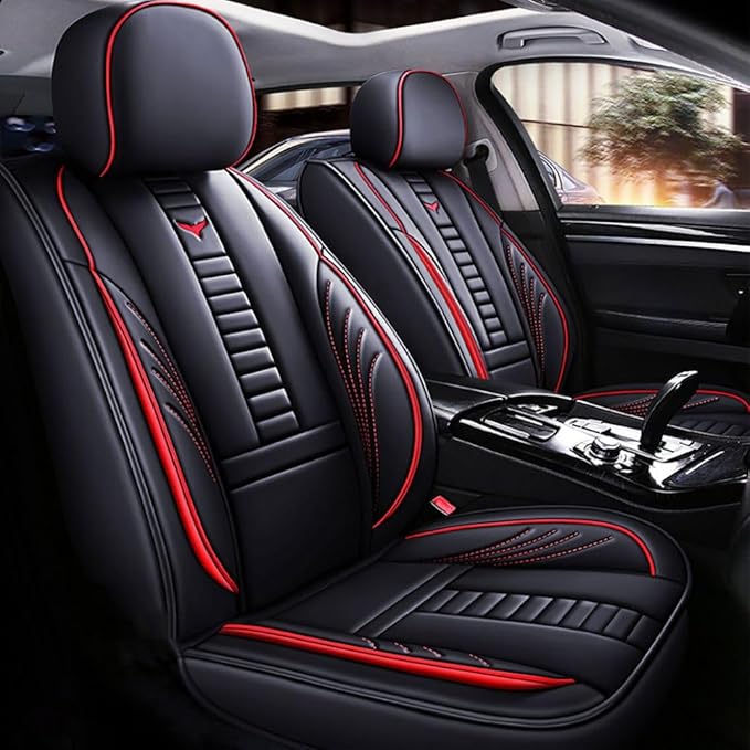 Niscarda Custom Front Car Seat Cover for Volkswagen Taos 2022-2024, Breathable Leather Seat Cushion with Storage Pocket Airbag Compatible (Black and Red, Front Pair)