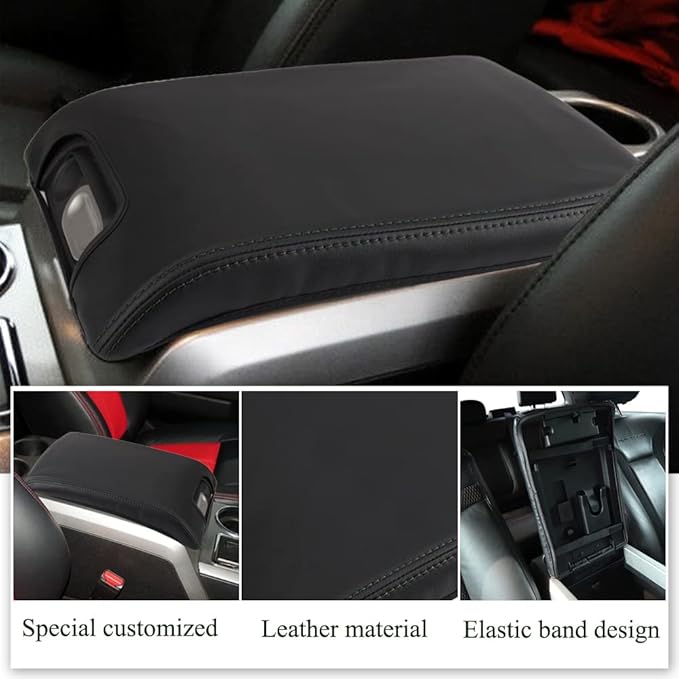 XITER 1PC Leather Center Console Armrest Box Cover Waterproof Cushion Pad for F150 2009-2014 Not Fit Jump Seat Console(Black Stitches)