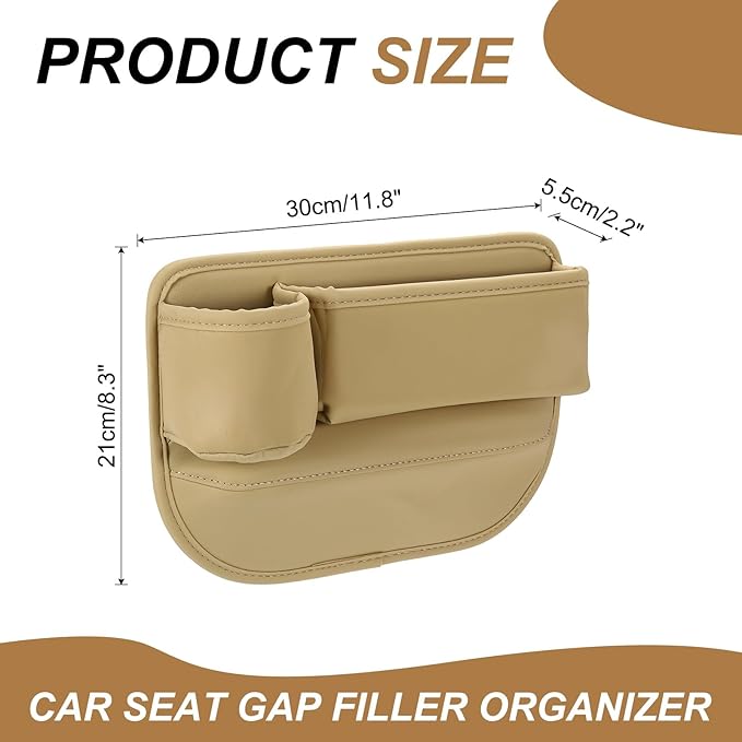 HARFINGTON Car Seat Gap Filler Organizer 11.8 x 8.3 x 2.2 Inch PU Universal Car Organizer Storage Box Between Seat and Console (Left) with Cup Holders for Phone Sunglasses Keys, Beige