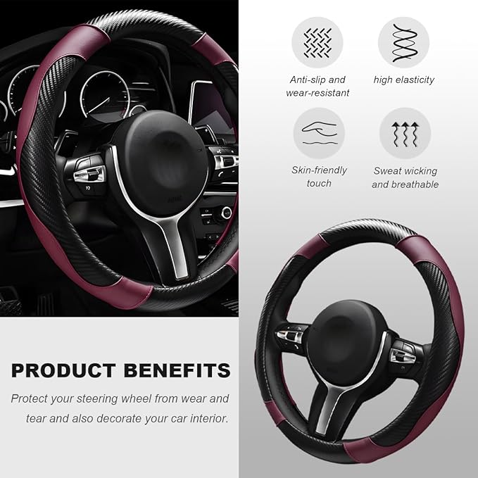 Car Steering Wheel Cover, 15 Inch Carbon Fiber Elastic Vehicle Steering Wheel Protector, Breathable Leather Auto Wheel Covers for Women Men, Interior Car Accessories (Wine Red)
