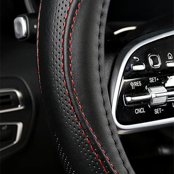 Cowhide Steering Wheel Cover Heat Resistant Anti-Slip Car Wheel Wrap Compatible with Most Makes and Models of Cars and Trucks with 14.5 to 15 Inch Steering Wheel(RED)