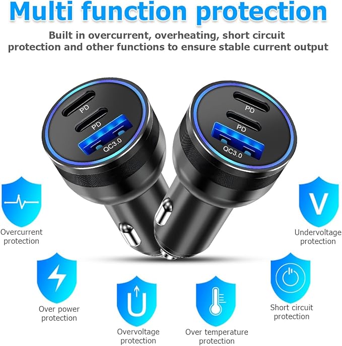 USB C Car Charger, Fast Charging 3 Port Dual PD & USB A Vehicle Power Adapter, PD3.0 QC3.0 Automotive Cigarette Lighter Charger Cable Accessories, Universal for SUV, Sedan, Truck
