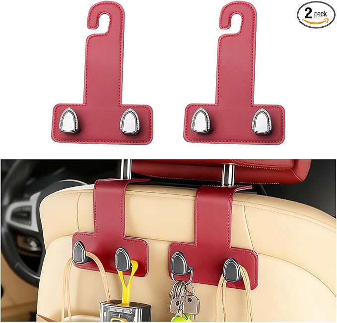 2PCS Car Headrest Hook, Dual Hook Leather Vehicle Back Seat Storage Organizer for Handbag Purse Hat, Multifunction Automotive Seat Back Hanger Holder, Universal for Most Vehicles (Wine Red)
