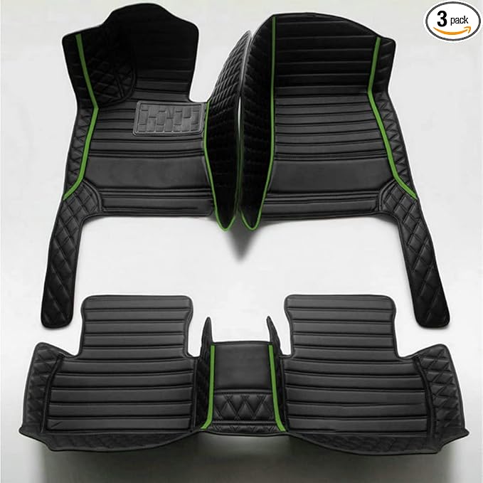 KaiLaiCarCustom Automotive Car Floor Mats for 99.99% Sedan SUV Sports Car Men Women Protection Full Coverage Pads Anti-Slip Leather Floor Lining… (Black+Green Bars)