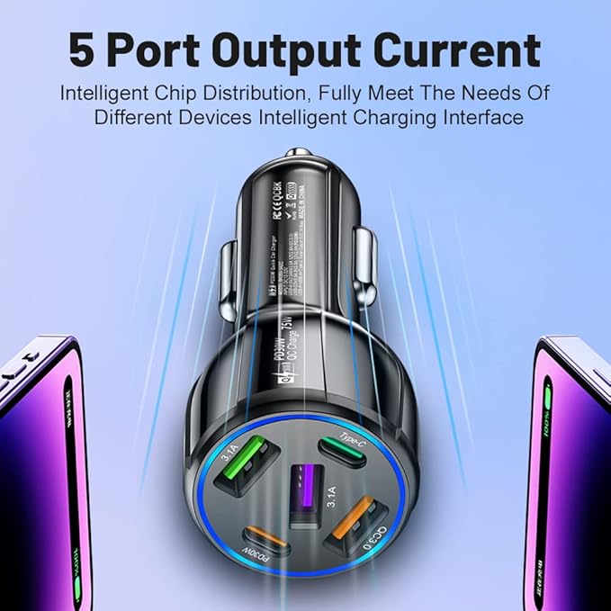 75W USB C Car Charger 5-Port Car Charger Adapter, PD & QC3.0 Fast Charging Cigarette Lighter USB Charger for iPhone/Android/Samsung Galaxy S10 S9 Plus (Black)