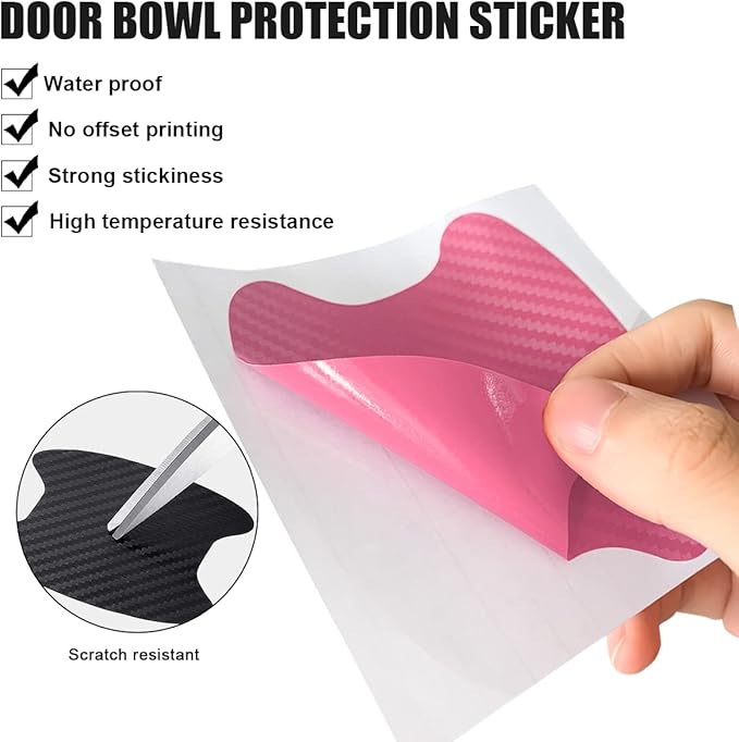 4PCS Car Handle Cup Stickers, Carbon Fiber Scratch Auto Door Protective Film, Non-Marking Car Bowl Protector, Universal Paint Cover Guard for Most Cars, SUV, Van (Pink)