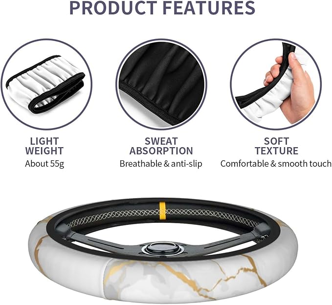White Marble Steering Wheel Cover for Women Men Girls Car Accessories Decor Anti-Slip Neoprene Auto Steering Wheel Covers Protector Universal 15 Inch