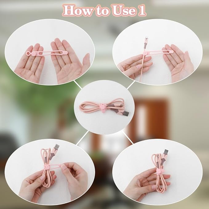 12pcs Pink Silicone Cable Ties, Multipurpose Elastic Cord Organizer for Bundling and Fastening, Office/Home/Kitchen/School/Travel Organization
