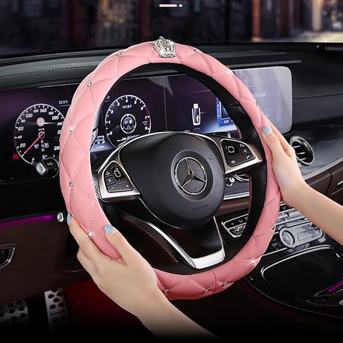 Colorful Universal 15Inch Car Steering Wheel Covers Women Leather Steering Cover Cute Steering Wheel Protector (Candy-Pink)