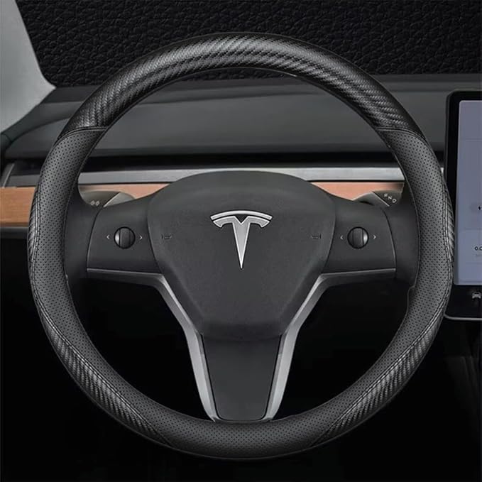 Nappa Leather Car Steering Wheel Cover for Tesla Model 3/Y 2016-2025 2026 Prius Civic Mini - Anti-Slip Car Wheel Protector Accessories 14" - 14 1/4" Small-Size for (Black, Small Size[14''-14 1/4''])