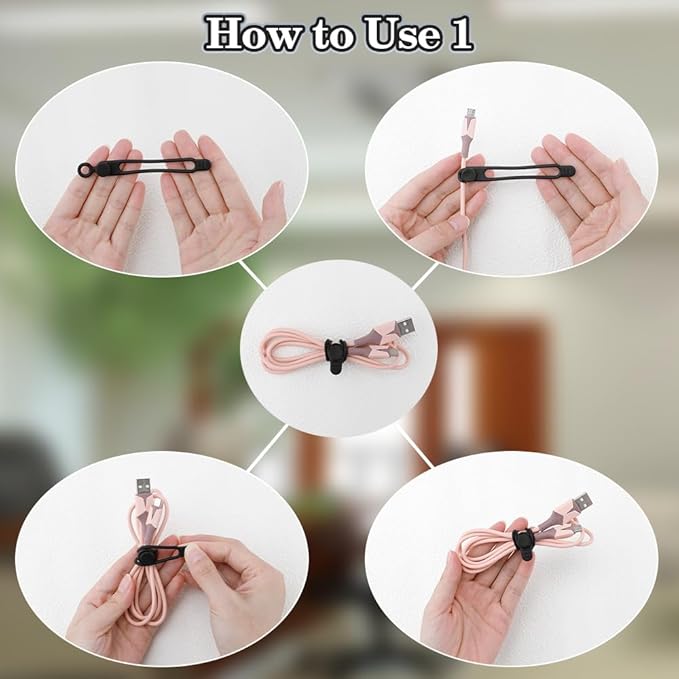 24Pcs Silicone Cable Ties, Reusable Cord Organizer for Charging Cords in Office, School, Home - Multipurpose Elastic Wraps