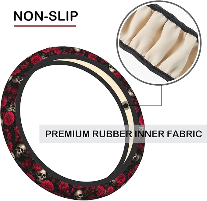 Red Rose Skull Steering Wheel Cover, Non-Slip Breathable Neoprene Steering Wheel Covers, Car Accessories Universal 15 Inch Fit Auto, Suvs, Truck