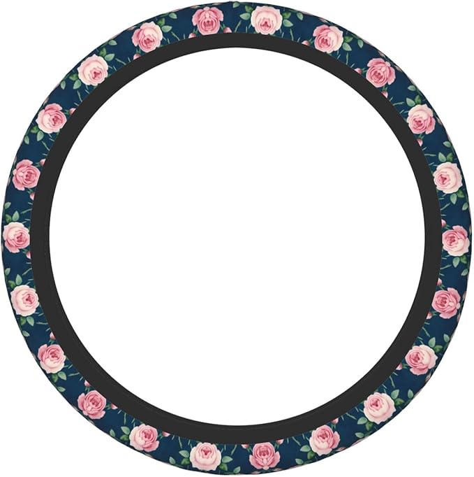 Rose Navy Floral Neoprene Steering Wheel Covers Women Men Car Accessories, Universal 15 Inch Fit Auto, Suvs, Truck