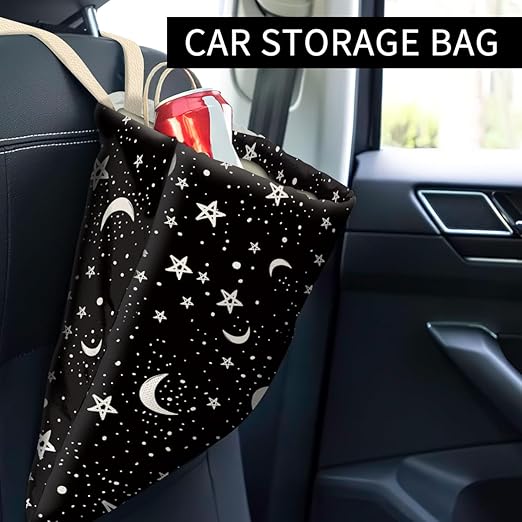Car Trash Can, Cute Car Trash Bag, Hanging Car Organizer and Storage Bag, Trash Bin for Car Accessories, Vehicle, Travelling, Camping Black White Moon Star