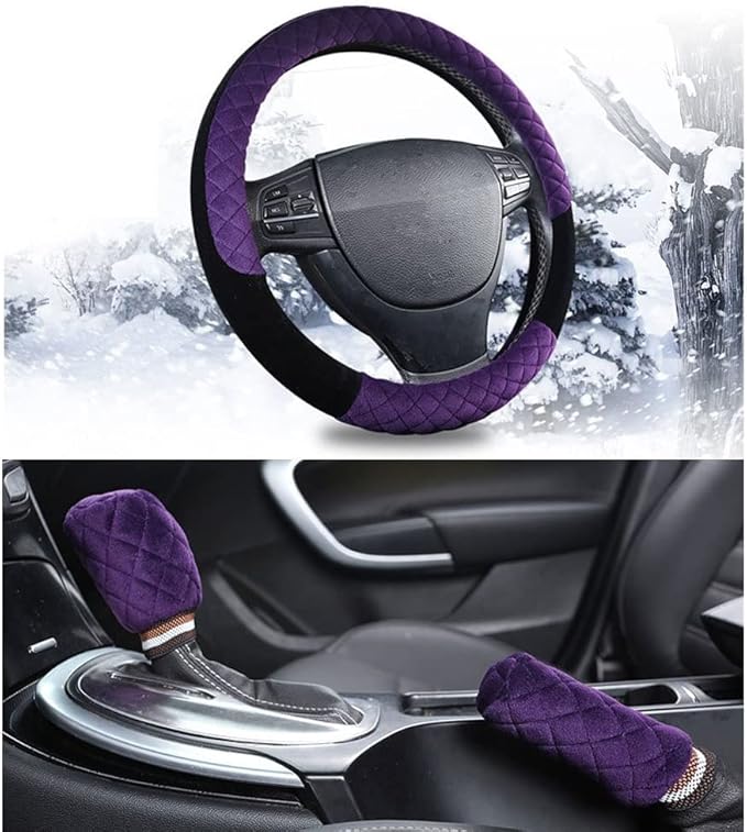 15Inch Leather Car Steering Wheel Cover Women Cute Non Slip Car Accessory Gear Shift Cover Handbrake Cover Universal Fit Most Car Protector (Purple)