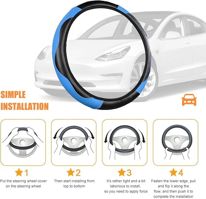 Carbon Fiber Car Steering Wheel Cover, 14.5-15 Inch Elastic Stretch Steering Wheel Guard, Sports Style Non-Slip Automotive Interior Accessories, Universal for Vehicles (Black/Blue)
