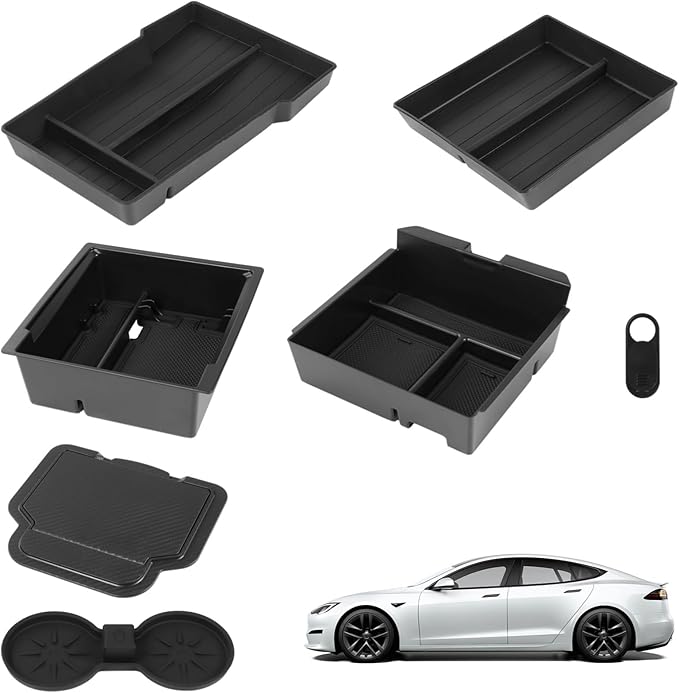 7 PCS Center Console Organizer Tray Set, 5 Storage Holders, Non-Slip Mat for Dual Cups, Webcam Cover, Compatible with Tesla M3 2024-2025, Model Y 2025, Interior Storage Accessories