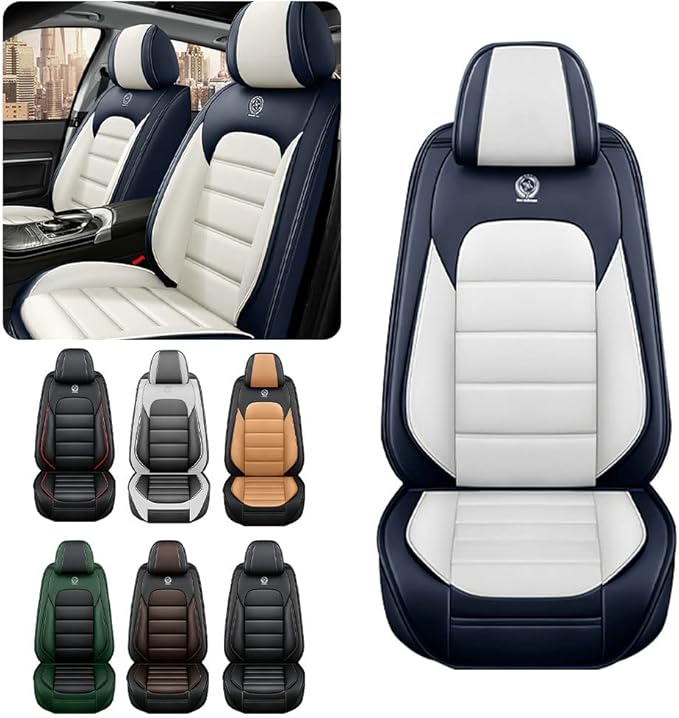 Iceleather Car Seat Covers for Ford Edge 2007-2025,Waterproof Soft Breathable PU Leather Seat Cover with Storage Pockets(Blue&White,Front Set)