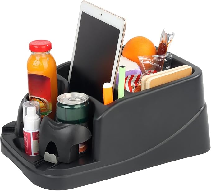 Zinytrae Universal Big Center Console for Cars, Trucks, Minivans, SUVs, Car Console Organizer with 2 Adjustable Cup Holders, Seatbelt for Secure Hold Car Seat Organizer, Truck Floor Console