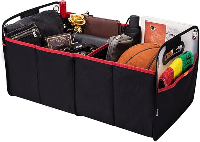 Car Trunk Organizer, Collapsible Auto Trunk Organizer Storage, Portable Grocery Cargo Container with Two Large Compartments for SUV, Vehicle, Truck, Home and Office