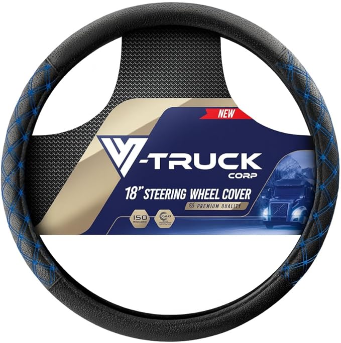 Genuine Leather Steering Wheel Cover for Semi Truck – 18" X-Large, Diamond Stitching, Anti-Slip Grip, Fits 18 Inch Wheels for Big Rig, RV & 18 Wheeler Trucks (Black/Blue)