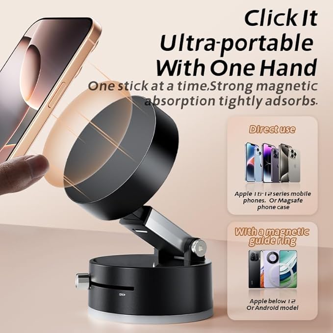 Car Phone Mount with Strong Magnet & Vacuum Suction, Compatible with Magsafe, Lightweight Portable Design for iPhone 16/15 Pro Max, S25/S24, Pixel 9/8, Use for Car/Office/Home/Gym (Black)