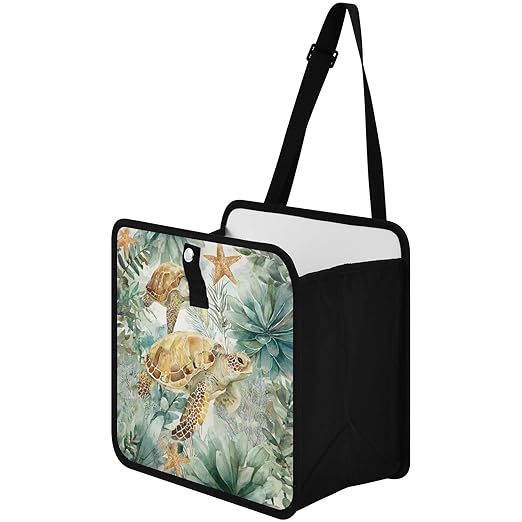 Car Trash Can Organizer Bin with Adjustable Strap for Back Front Seat Console Waterproof Leakproof Collapsible Portable 11 Inch Sea Turtle Starfish Plants