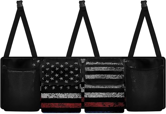 American Flag Camo Car Trunk Organizers, 37.1" x 11.8" Backseat Hanging Organizer with 4 Large Storage Bag, Waterproof Car Organizer with Adjustable Strap, Road Trip Large Capacity Bag