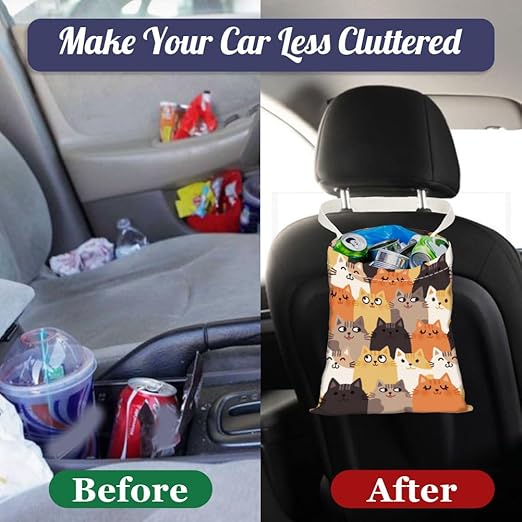 2PCS Cute Funny Cat Dog Print Car Trash Bag Portable Hanging Garbage Bag with Snap Buttons Back Seat Rubbish Storage Dustbin for Women Man Car Interior Accessories Kitchen Home Travel