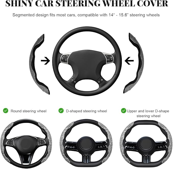 2 PCS Steering Wheel Cover, Segmented Car Wheel Covers with Crystal Rhinestones, Non-Slip Protector Bling Sparkly Decoration for Most Steering Wheels, Car Accessories (White)