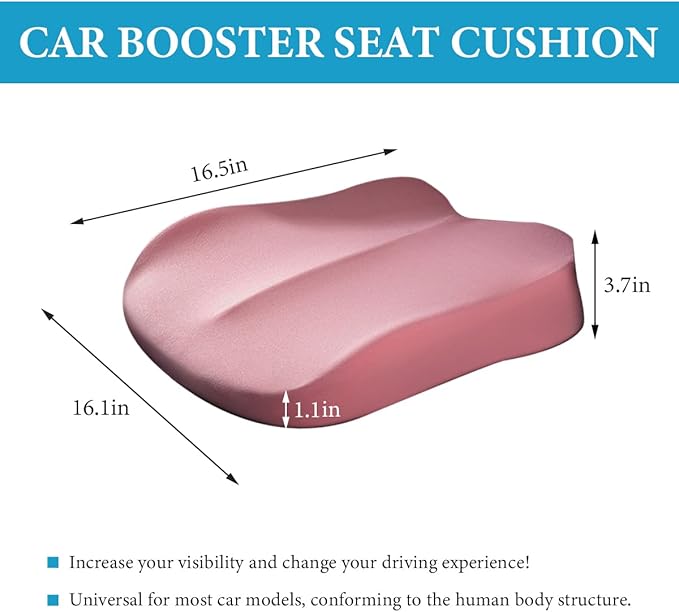 Car Seat Cushion, Comfort Ergonomic Memory Foam Seat Cushion for Tailbone Back Pain Relief, Breathable Car Cushion Suitable for Short People Driver to Get Better View (Pink)
