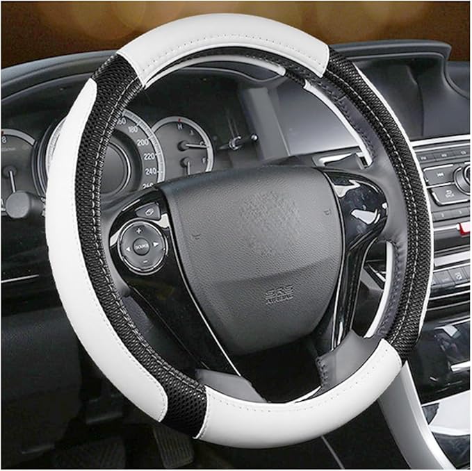 Car Steering Wheel Cover, 14.97 Inch Leather Non-Slip Vehicle Steer Wheel Protector, Soft & Breathable Automotive Interior Protection Accessories, Universal for SUV Sedan Truck (Black/White)