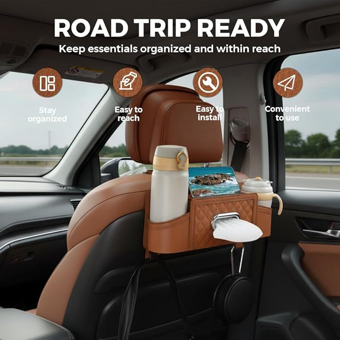 3-in-1 Car Backseat Organizer with Cup Holder Tissue Box and Hooks, Multifunctional Car Seat Back Storage Box, Car Headrest Backseat Organizer for Travel SUV Sedan Truck Car Accessories (Red)