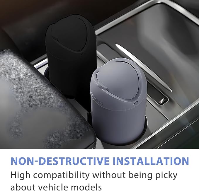 Car Trash Can with Lid, Silicone Leakproof Mini Round Vehicle Garbage Bin for Cup Holder, Portable Automotive Interior Waste Storage & Organizers Accessories, Universal Fit (Gray)