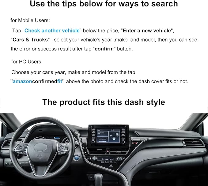 Yiz Dash Cover Mat Custom Fit for Toyota Camry 2018 2019 2020 2021 2022 2023 2024 Without Head Up Display Dashboard Cover Pad Cap Carpet Protector (Black) Z12A