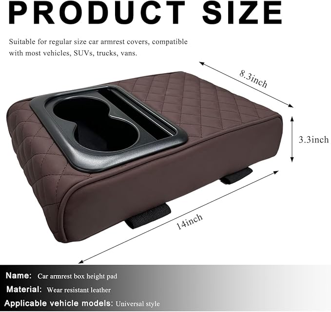 Car Center Console Armrest Pillow, 14"×8.3" Waterproof Leather Armrest Box Cover with Cup and Phone Holder, Soft Memory Foam Arm Rest Console Pad Protector for SUV Truck (Coffee, Embroidery)