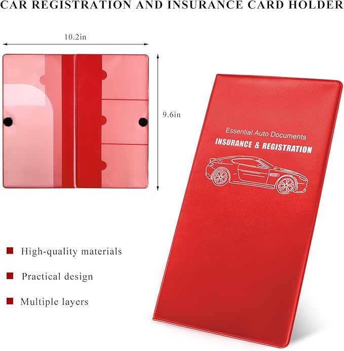 Car Registration and Insurance Holder, 9.56"×5.19" Glove Box Organizer Vehicle Document Holder, Waterproof Essential Driving License Wallet Case for Sedan Truck SUV (Glossy Large Car, Red)