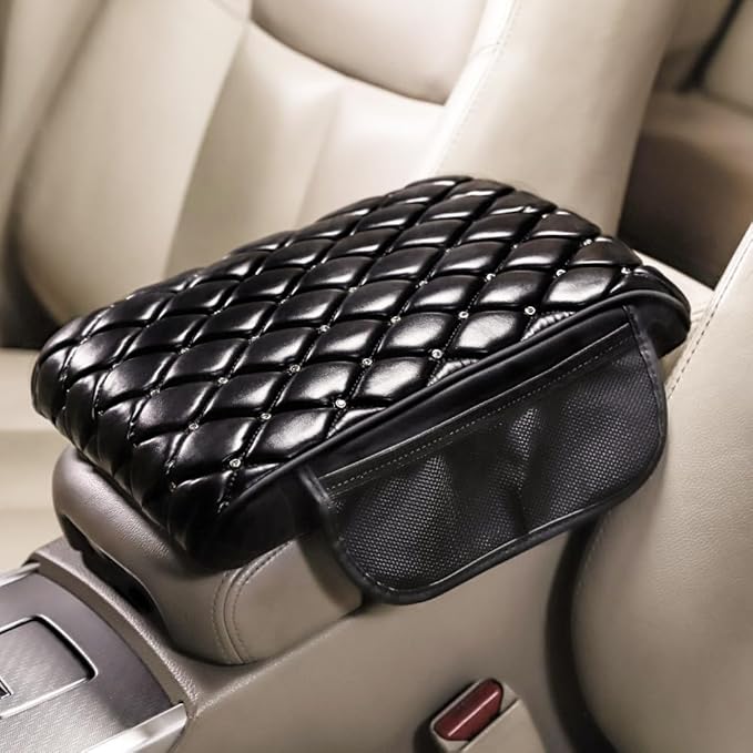 Memory Foam Car Armrest Cushion, Luxury Auto Center Console Arm Rest Cover for Car Bling Accessories Interior Center Consoles Organizers and Storage Box Handrest Pad Diamond Universal, Black
