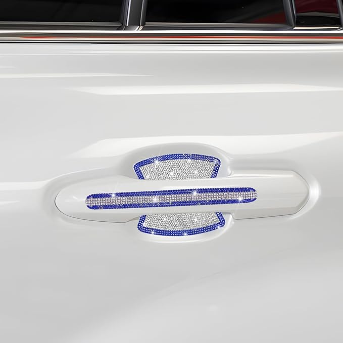 8PCS Bling Car Door Handle Protector, Crystal Rhinestone Anti-Scratch Vehicle Door Handle Bowl Stickers, Glitter Automotive Exterior Decal Accessories, Universal for Vehicles (Blue/White)