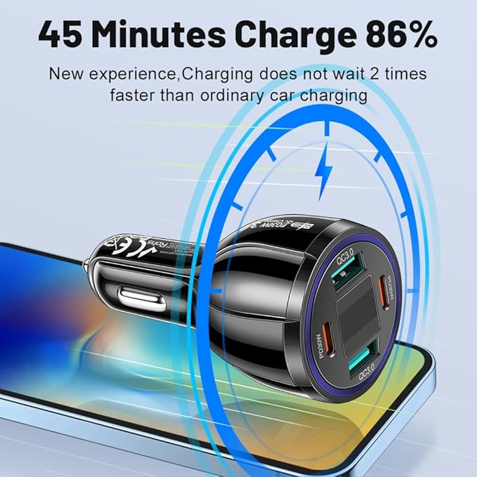 USB C Car Phone Charger Adapter with Voltmeter Compatible with iPhone 16 15 14 13 12 11, Android, Samsung, 100W 4 in 1 Multi-Port Fast Charging Cigarette Lighter USB Charger (Black)