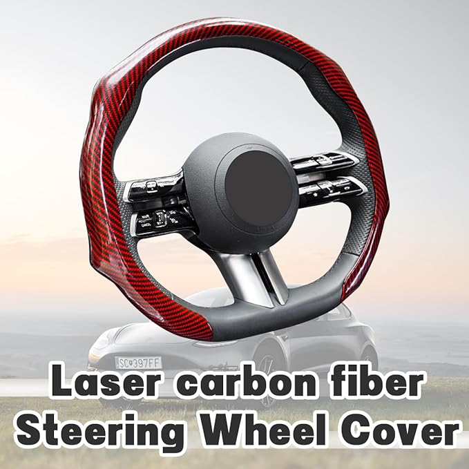 Carbon Fiber Car Steering Wheel Cover, Leather Non-Slip Vehicle Steering Wheel Cover for 14.5-15 Inch, Comfortable Auto Interior Protector Decoration Accessories, Universal Fit(Red)