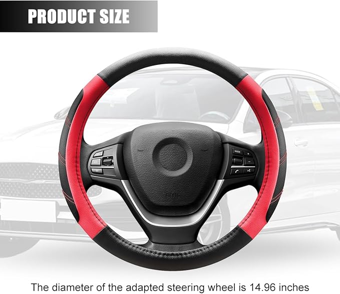 Car Steering Wheel Cover, 15 Inch Carbon Fiber Leather Non-Slip Steering Wheel Protector with Lining, Breathable Automotive Interior Accessories, Universal for SUV RV Truck (Red)