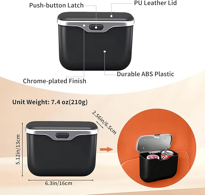 Mini Car Trash Can with Lid, Leakproof Car Trash Bin Small Car Garbage Can for Back Seat Front Seat Door Dry/Wet Waste, Universal Hanging Trash Can for Car, Sedan, Trucks, SUVs, Most Vehicles (Black)