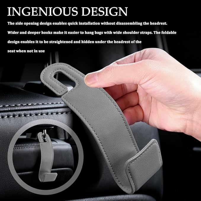 2PCS Purse Holder for Car, Purse Hook for Car, Leather Headrest Hooks for Automotive Back Seat, Auto Accessories Back Seat Organizer Hook for Grocery Bag Handbag Coat (Grey, 2PCS)