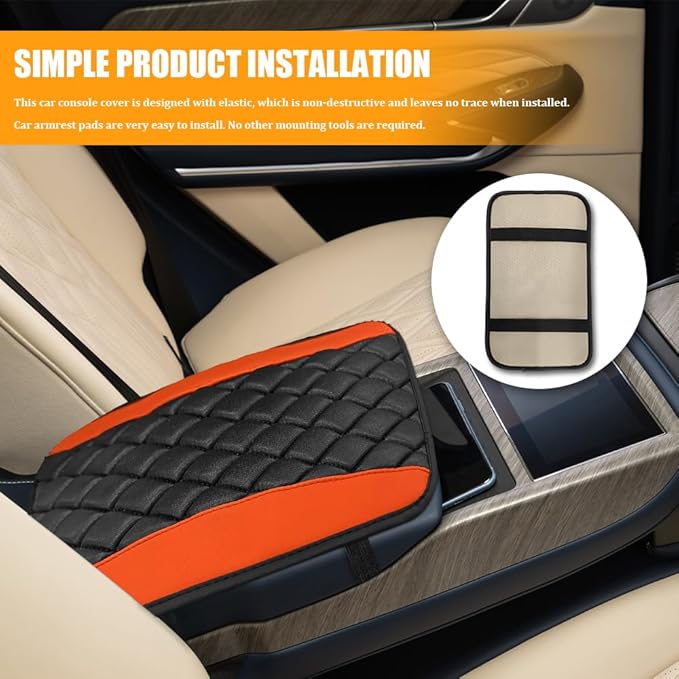 Car Center Console Cover, Leather Waterproof Armrest Seat Box Cushion Pad, Universal Decor Protector Mat, Comfortable Car Decor Accessories Fit for Most Cars, Vehicles, SUVs (Orange)