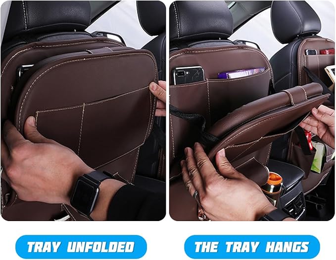 Car Seat Back Organizer, Leather Vehicle Seatback Storage Pocket with Foldable Table Tray, Multifunctional Automotive Backseat Protectors Kick Mats Accessories, Universal Fit (Beige)