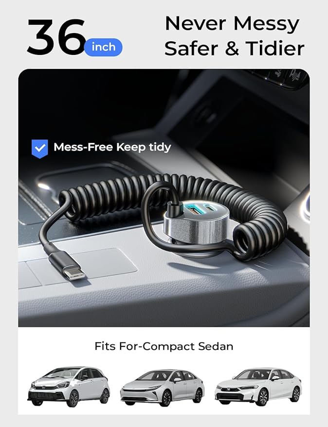 LISEN 90W Cigarette Lighter USB Charger【3.3ft for Tidy Space】,Super Fast USB C Car Charger with 45W Super Fast Charging Coild Cable Fit iPhone 17 16 15 Air Pro Max Plus,Samsung Galaxy S25/24,Android