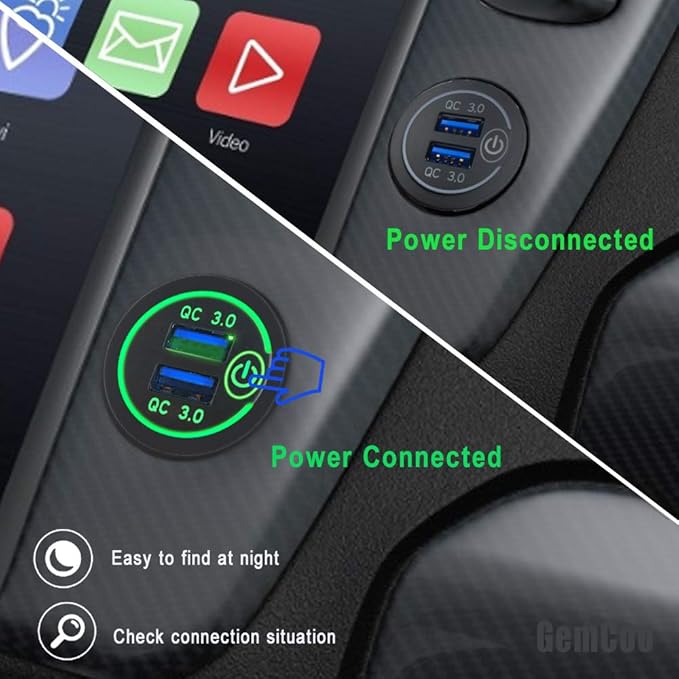 GemCoo 12V/24V USB Charger Socket, 36W QC 3.0 Dual USB Ports, Touch Switch, LED Indicator, Water Resistant, Green, for Car, RV, Boat, Truck, Motorcycle